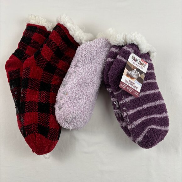 3 Pair Muk Luks Cabin Socks Purple Red Plaid Women's - Picture 1 of 3